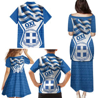 Greece Ohi Day Family Matching Puletasi and Hawaiian Shirt Hellas Coat Of Arms Greek Pattern - Wonder Print Shop