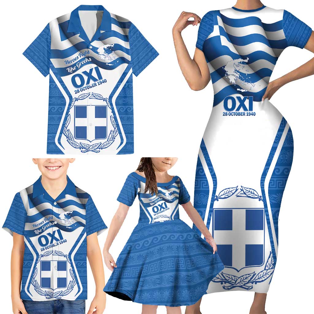 Greece Ohi Day Family Matching Short Sleeve Bodycon Dress and Hawaiian Shirt Hellas Coat Of Arms Greek Pattern - Wonder Print Shop
