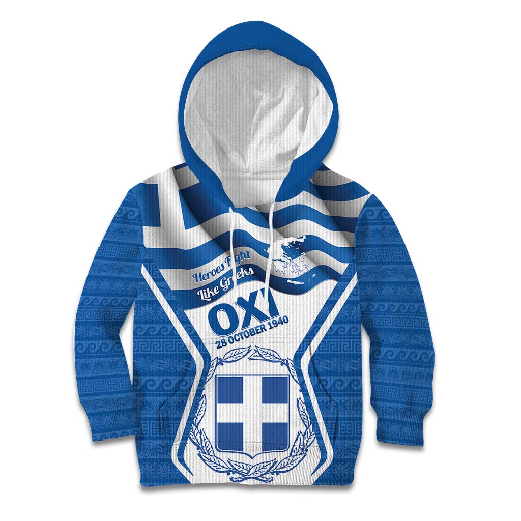 Greece Ohi Day Kid Hoodie Hellas Coat Of Arms Greek Pattern - Wonder Print Shop