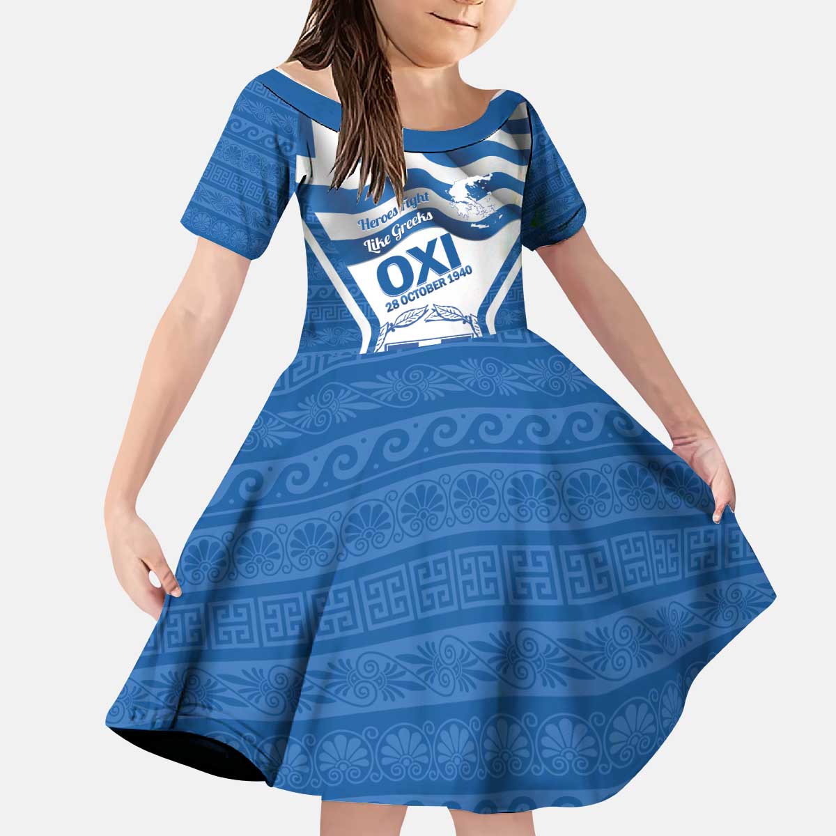 Greece Ohi Day Kid Short Sleeve Dress Hellas Coat Of Arms Greek Pattern - Wonder Print Shop