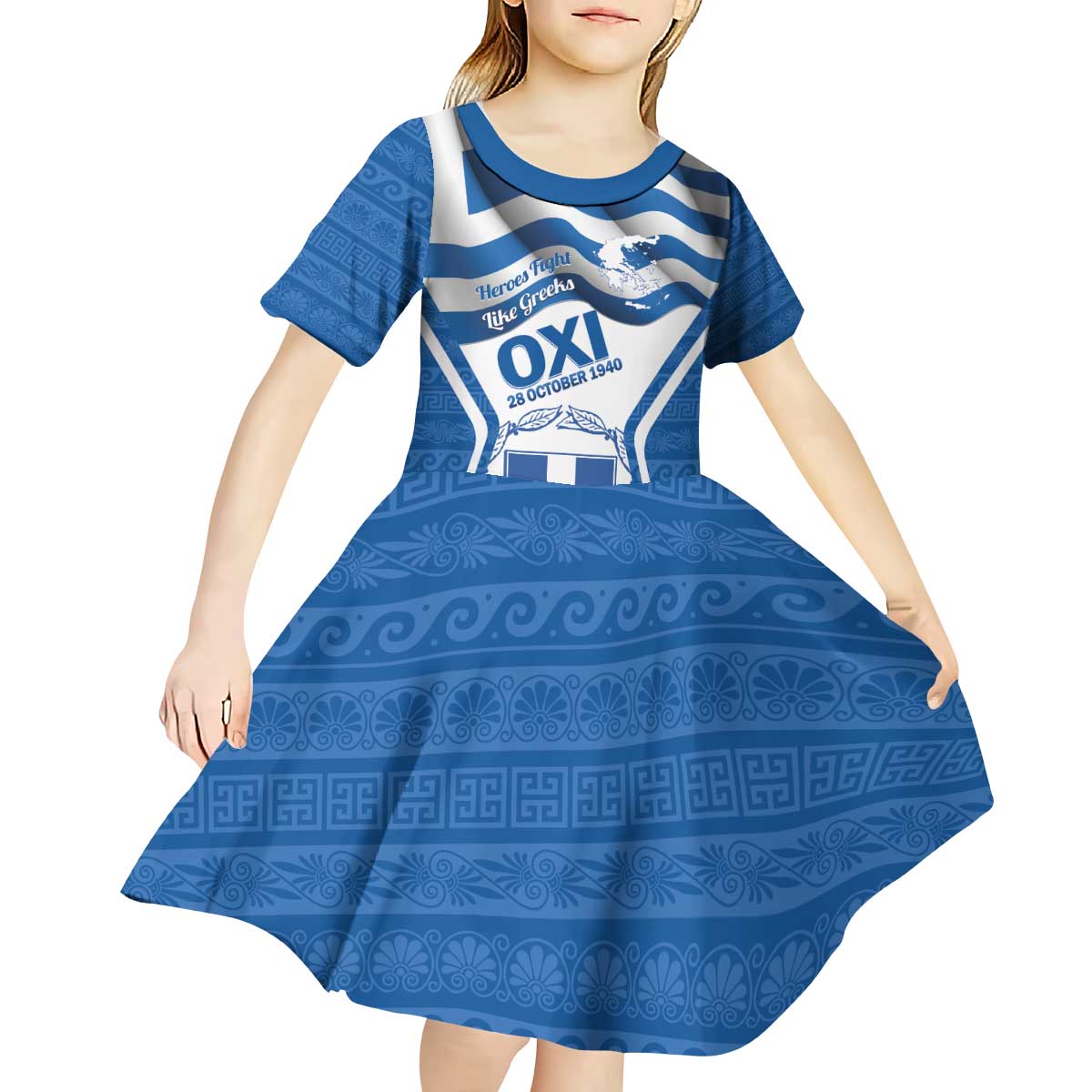 Greece Ohi Day Kid Short Sleeve Dress Hellas Coat Of Arms Greek Pattern - Wonder Print Shop