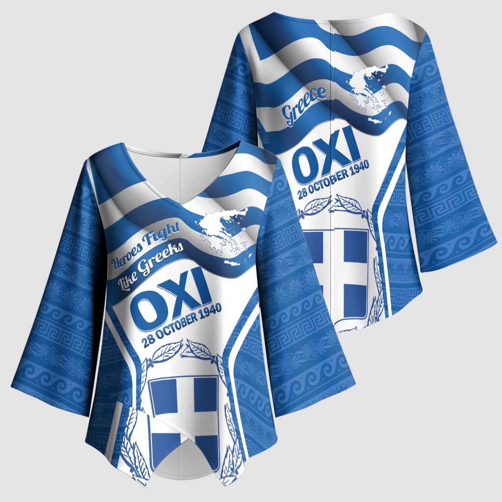 Greece Ohi Day Kimono Sleeve Blouse Hellas Coat Of Arms Greek Pattern - Wonder Print Shop