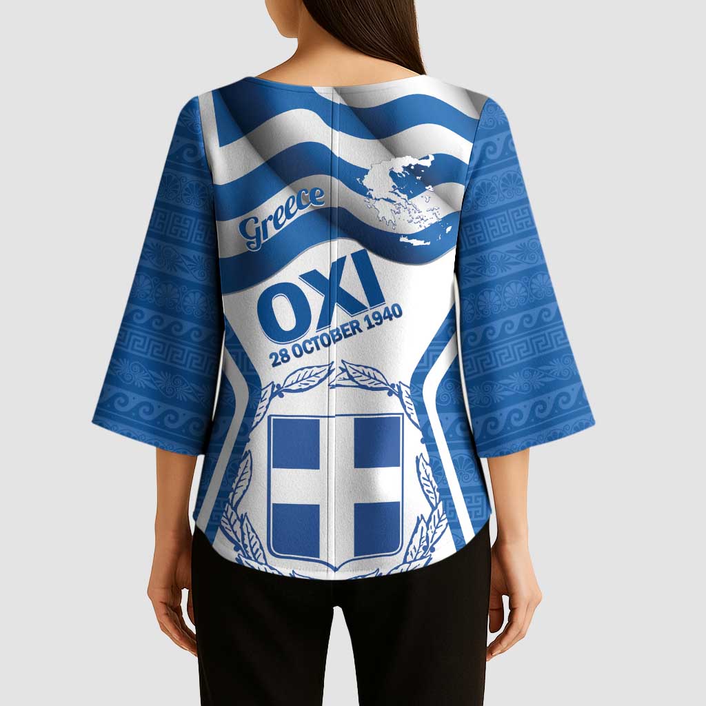 Greece Ohi Day Kimono Sleeve Blouse Hellas Coat Of Arms Greek Pattern - Wonder Print Shop