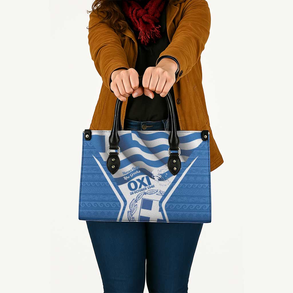 Greece Ohi Day Leather Bag Hellas Coat Of Arms Greek Pattern - Wonder Print Shop