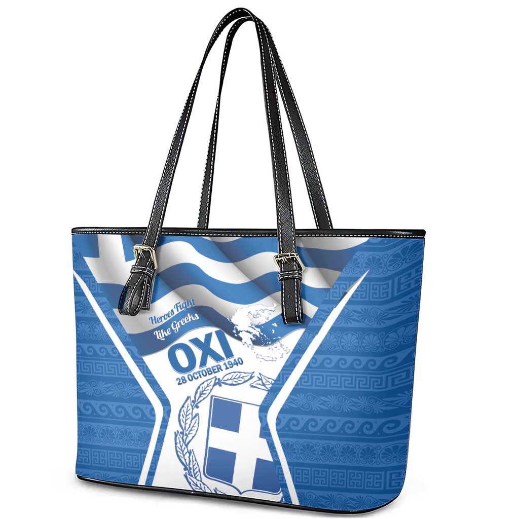 Greece Ohi Day Leather Tote Bag Hellas Coat Of Arms Greek Pattern - Wonder Print Shop