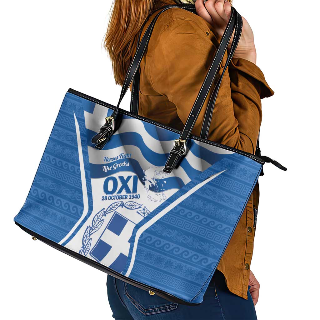 Greece Ohi Day Leather Tote Bag Hellas Coat Of Arms Greek Pattern - Wonder Print Shop