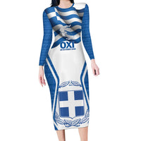 Greece Ohi Day Long Sleeve Bodycon Dress Hellas Coat Of Arms Greek Pattern - Wonder Print Shop