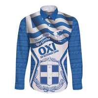 Greece Ohi Day Long Sleeve Button Shirt Hellas Coat Of Arms Greek Pattern - Wonder Print Shop