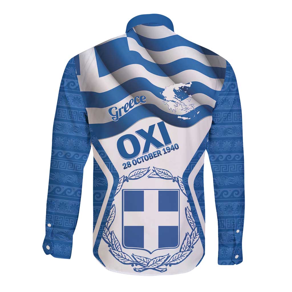 Greece Ohi Day Long Sleeve Button Shirt Hellas Coat Of Arms Greek Pattern - Wonder Print Shop