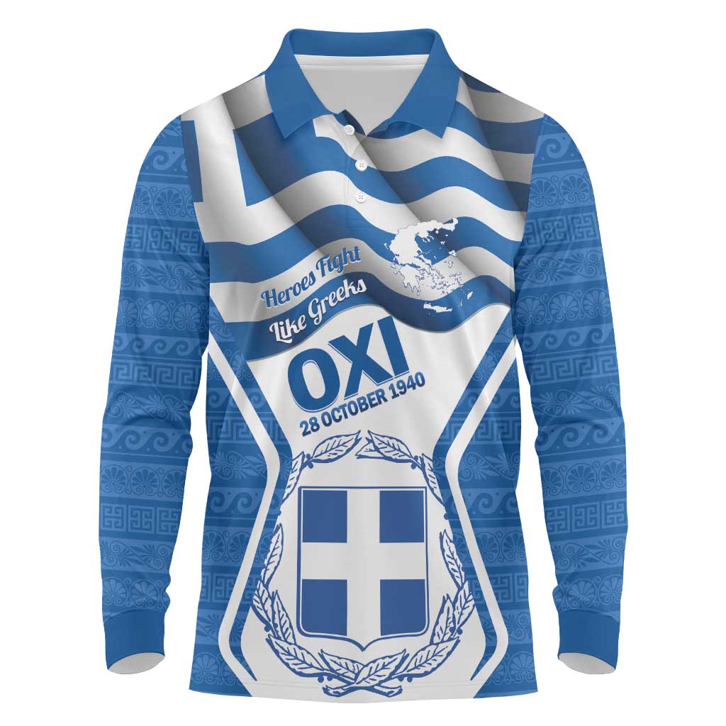 Greece Ohi Day Long Sleeve Polo Shirt Hellas Coat Of Arms Greek Pattern - Wonder Print Shop