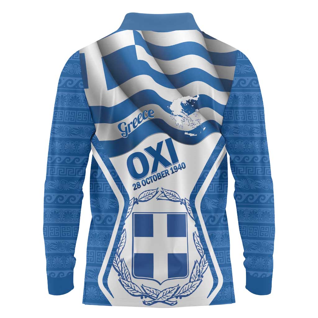 Greece Ohi Day Long Sleeve Polo Shirt Hellas Coat Of Arms Greek Pattern - Wonder Print Shop