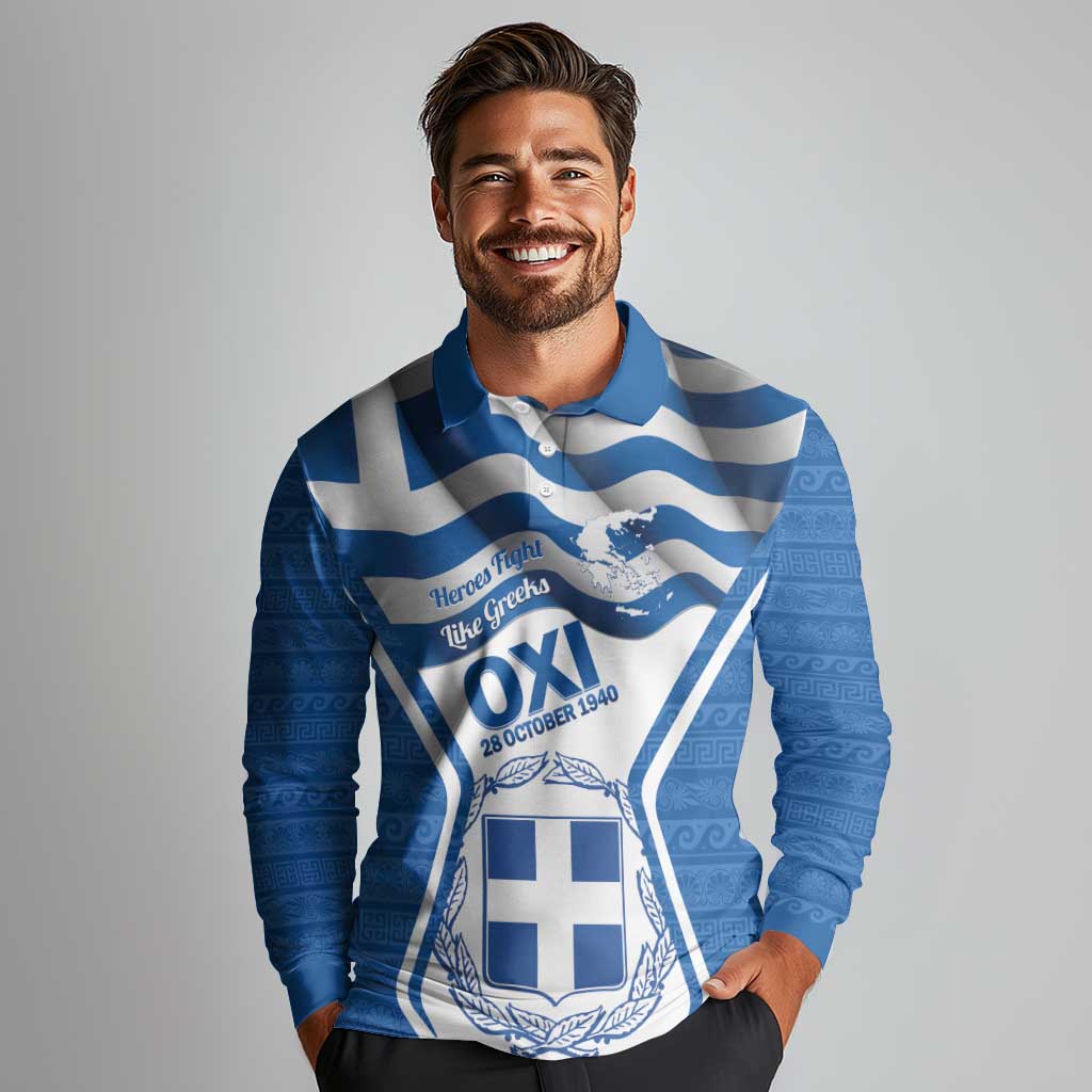 Greece Ohi Day Long Sleeve Polo Shirt Hellas Coat Of Arms Greek Pattern - Wonder Print Shop
