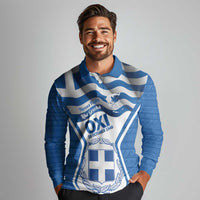Greece Ohi Day Long Sleeve Polo Shirt Hellas Coat Of Arms Greek Pattern - Wonder Print Shop