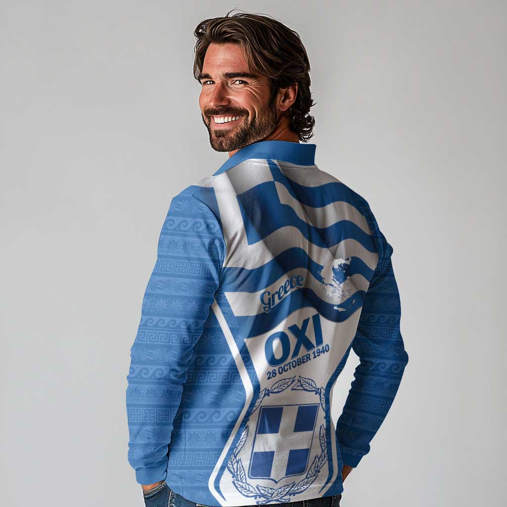 Greece Ohi Day Long Sleeve Polo Shirt Hellas Coat Of Arms Greek Pattern - Wonder Print Shop