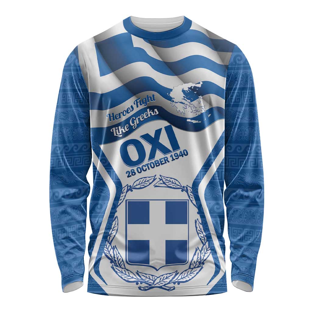 Greece Ohi Day Long Sleeve Shirt Hellas Coat Of Arms Greek Pattern - Wonder Print Shop