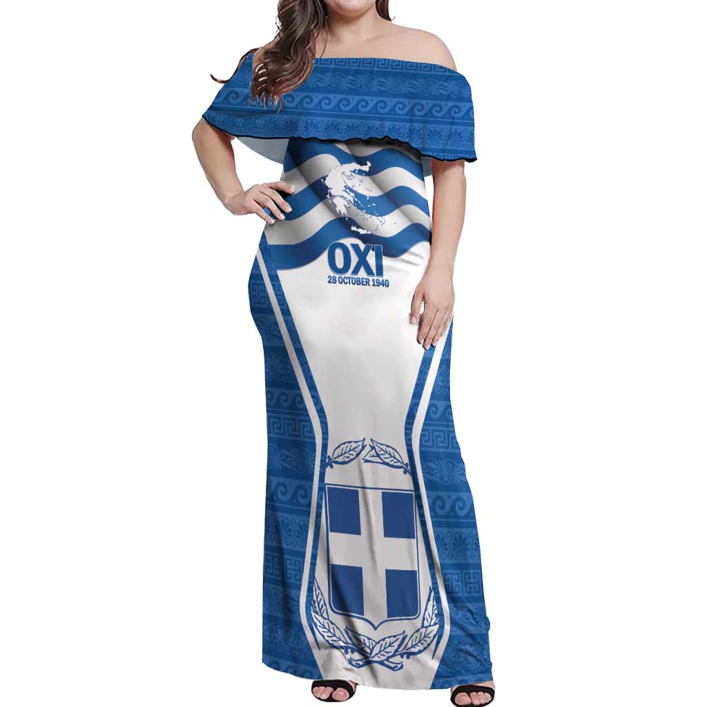 Greece Ohi Day Off Shoulder Maxi Dress Hellas Coat Of Arms Greek Pattern - Wonder Print Shop