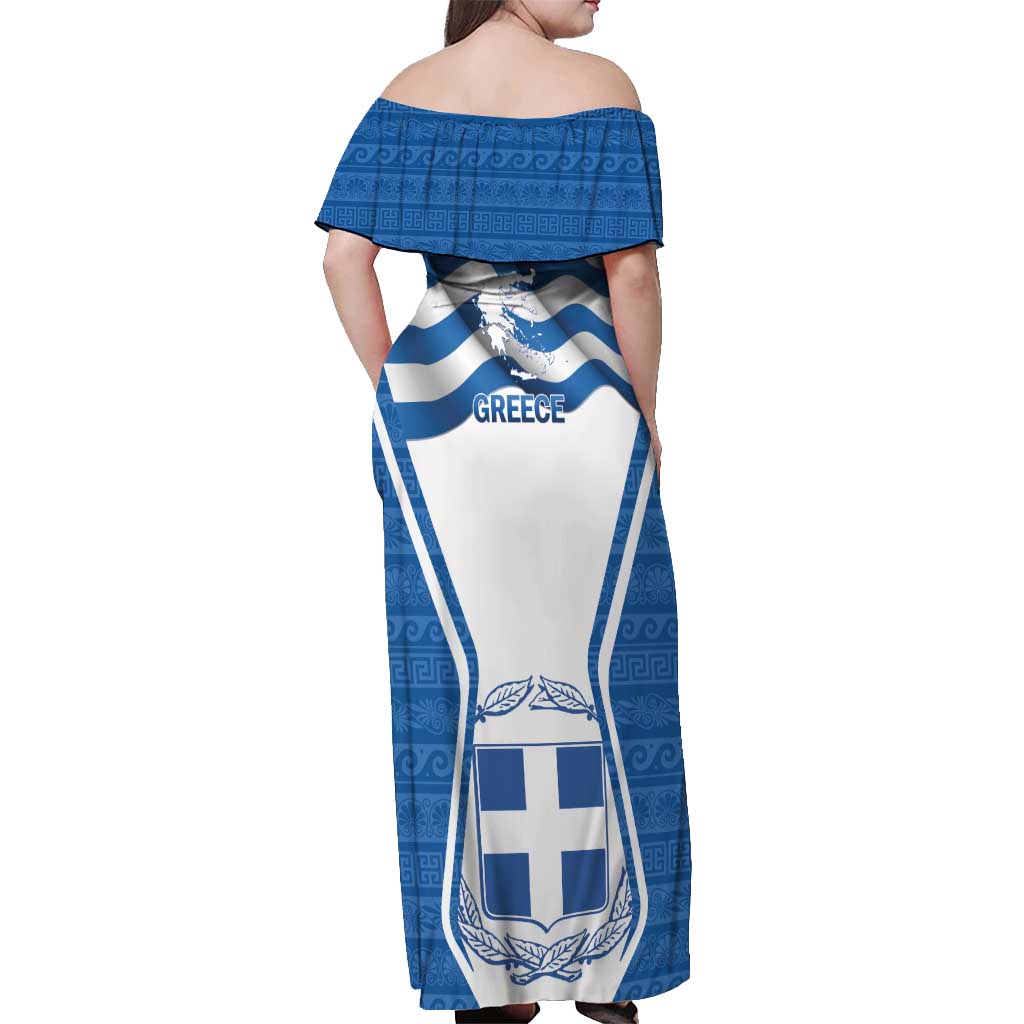 Greece Ohi Day Off Shoulder Maxi Dress Hellas Coat Of Arms Greek Pattern - Wonder Print Shop