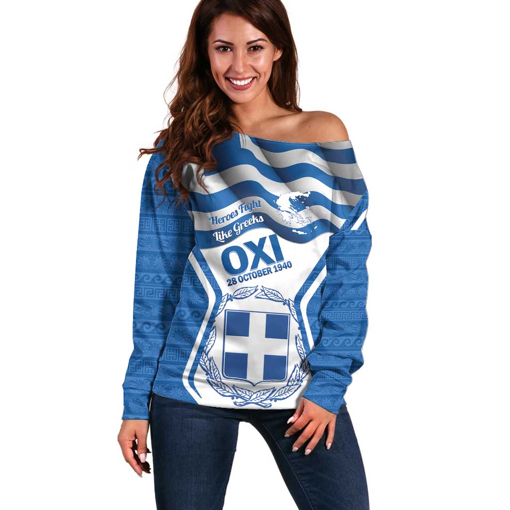 Greece Ohi Day Off Shoulder Sweater Hellas Coat Of Arms Greek Pattern - Wonder Print Shop
