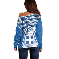 Greece Ohi Day Off Shoulder Sweater Hellas Coat Of Arms Greek Pattern - Wonder Print Shop