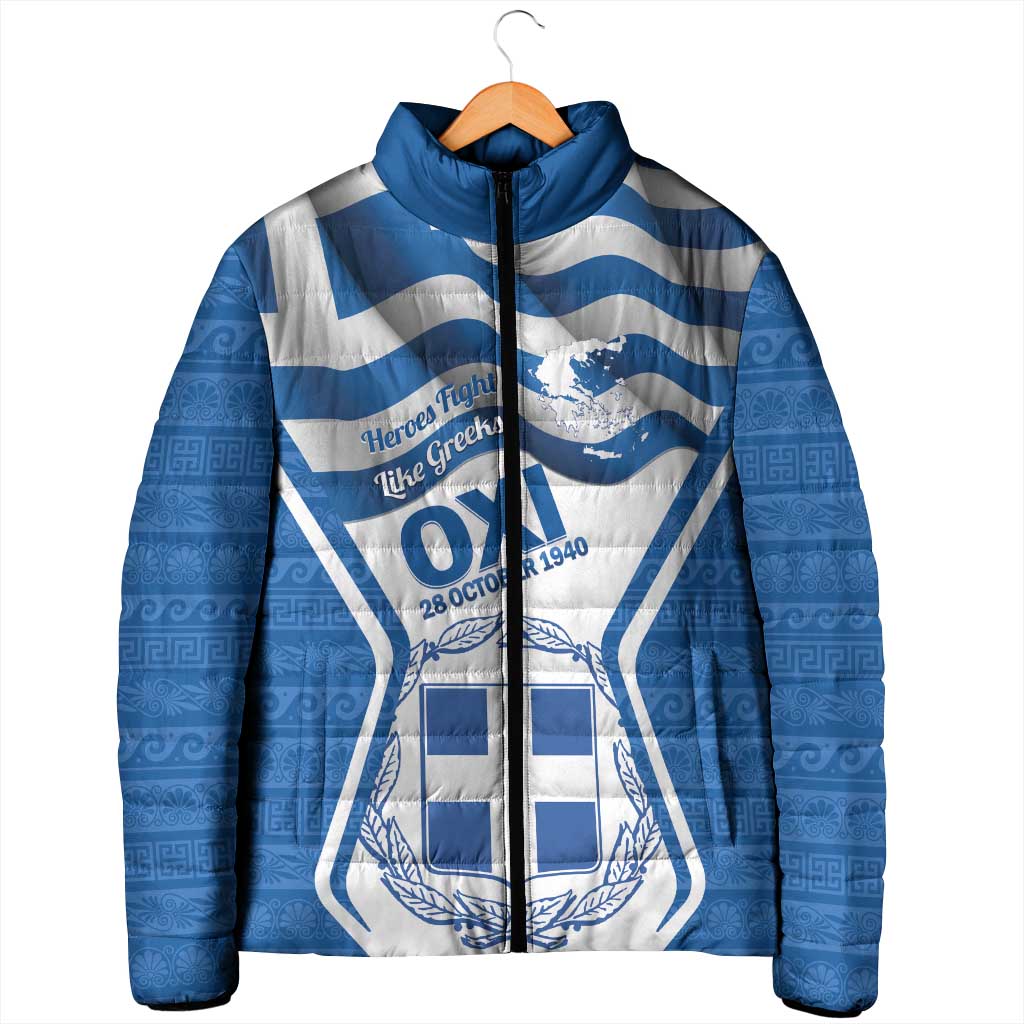 Greece Ohi Day Padded Jacket Hellas Coat Of Arms Greek Pattern - Wonder Print Shop