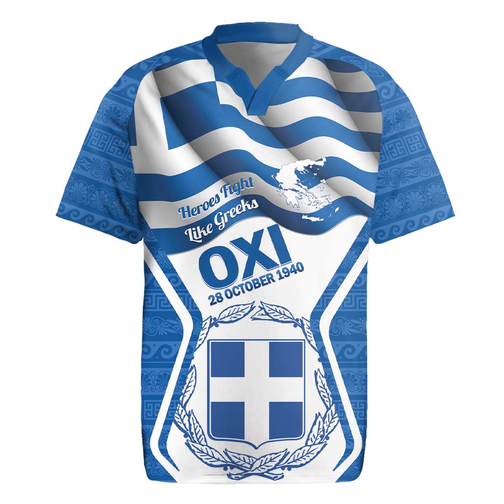 Greece Ohi Day Rugby Jersey Hellas Coat Of Arms Greek Pattern - Wonder Print Shop