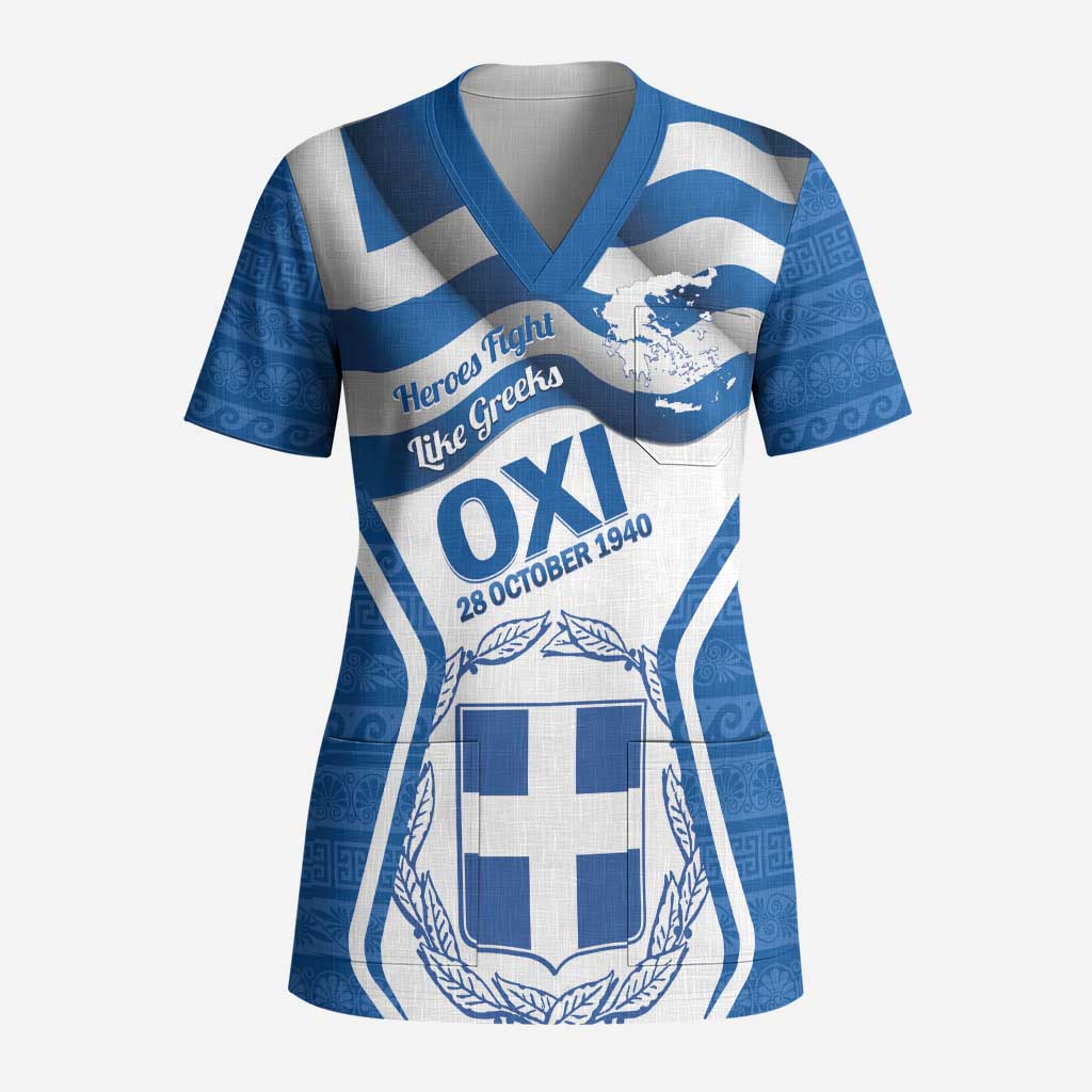 Greece Ohi Day Scrub Top Hellas Coat Of Arms Greek Pattern - Wonder Print Shop