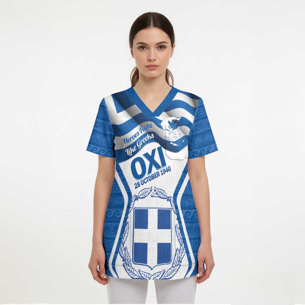 Greece Ohi Day Scrub Top Hellas Coat Of Arms Greek Pattern - Wonder Print Shop