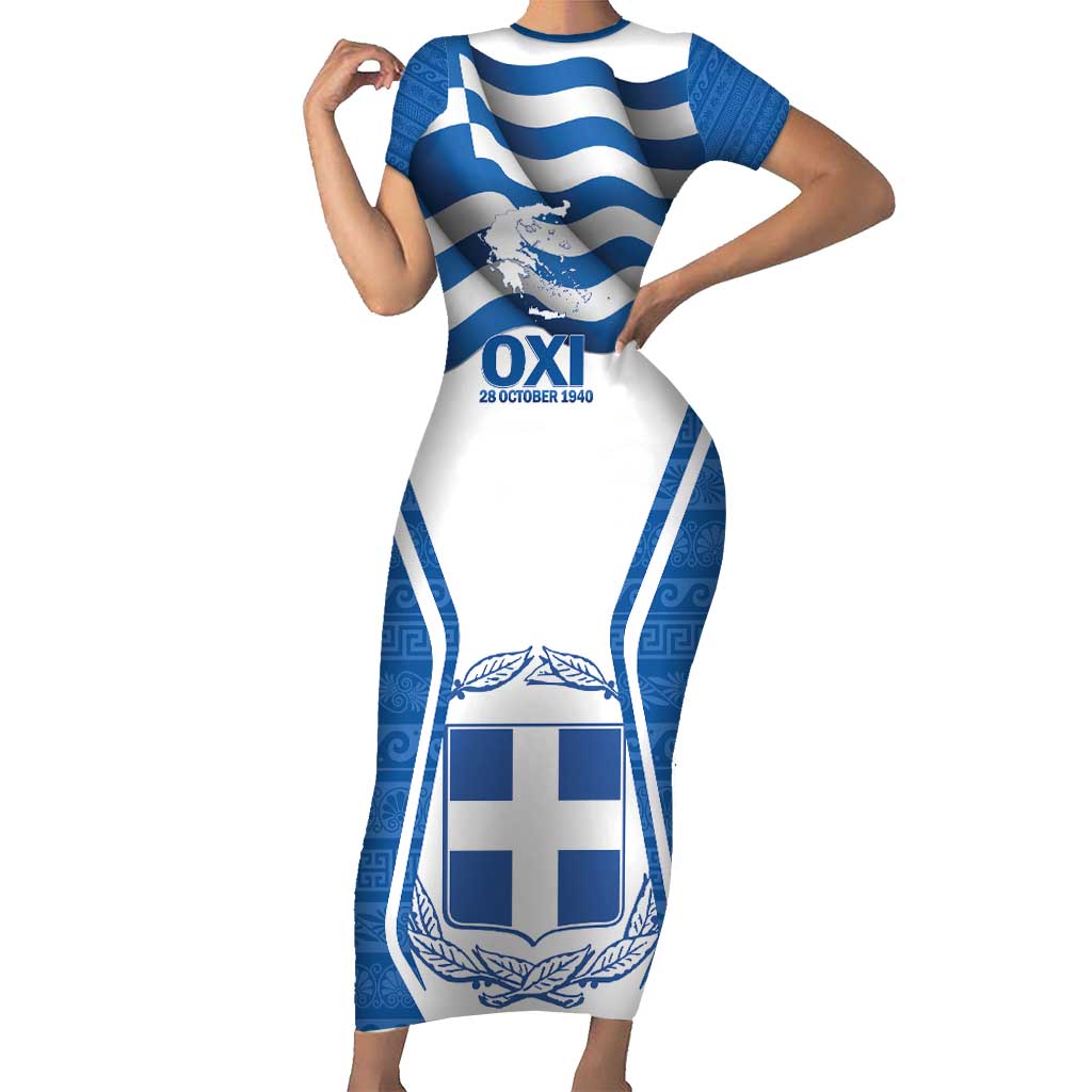 Greece Ohi Day Short Sleeve Bodycon Dress Hellas Coat Of Arms Greek Pattern - Wonder Print Shop