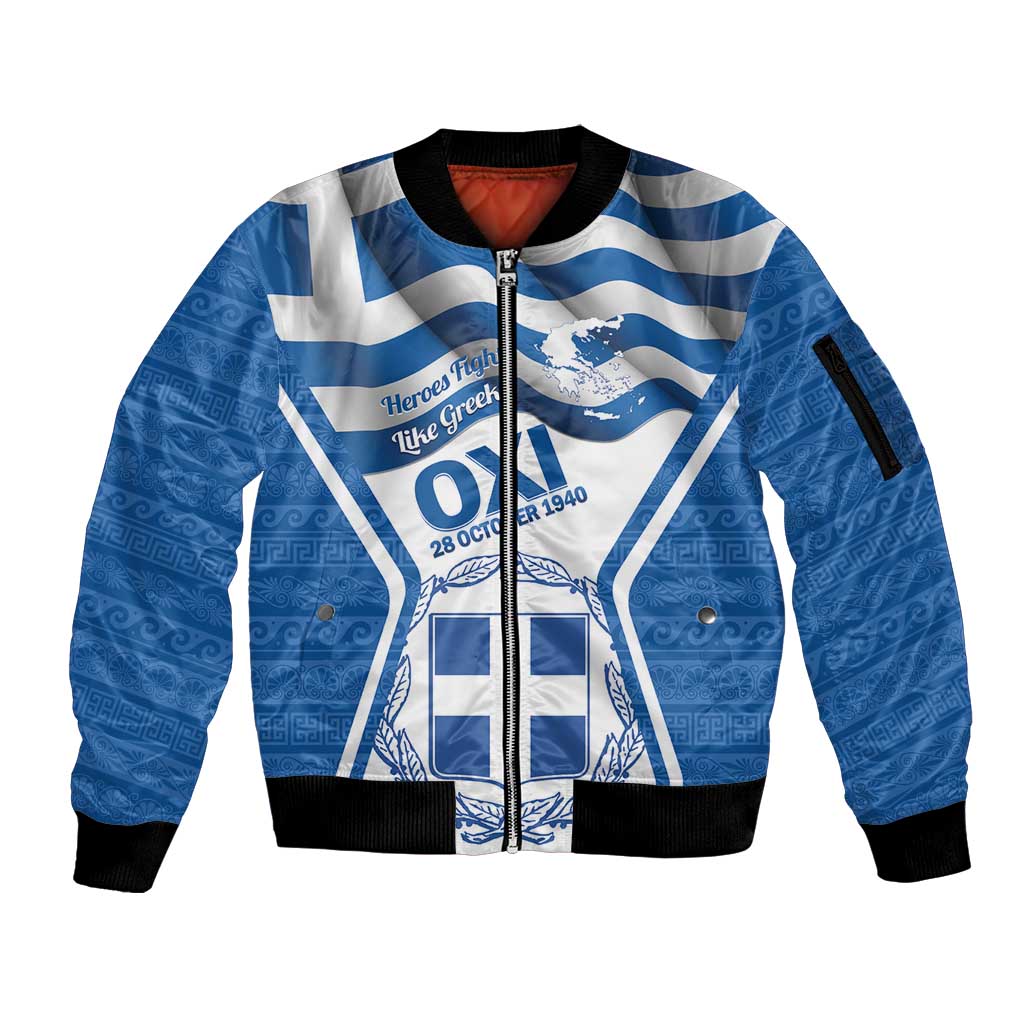Greece Ohi Day Sleeve Zip Bomber Jacket Hellas Coat Of Arms Greek Pattern - Wonder Print Shop