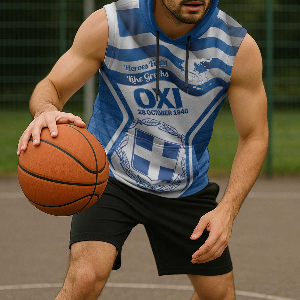 Greece Ohi Day Sleeveless Hoodie Hellas Coat Of Arms Greek Pattern - Wonder Print Shop