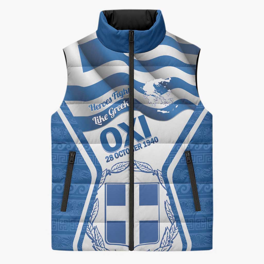 Greece Ohi Day Sleeveless Puffer Jacket Hellas Coat Of Arms Greek Pattern - Wonder Print Shop