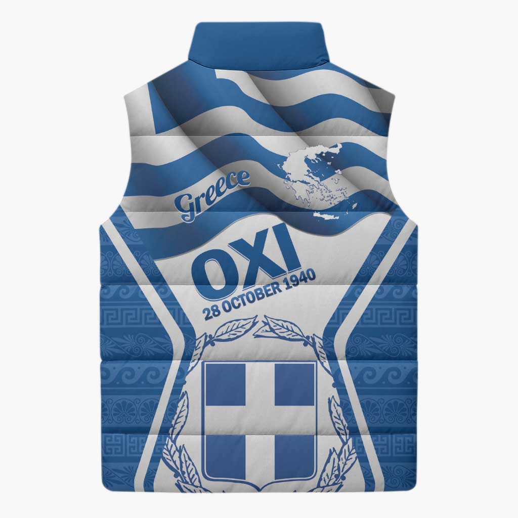 Greece Ohi Day Sleeveless Puffer Jacket Hellas Coat Of Arms Greek Pattern - Wonder Print Shop