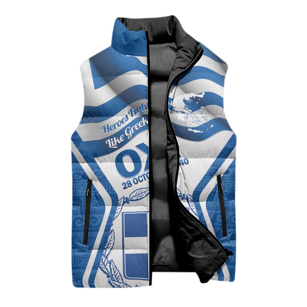 Greece Ohi Day Sleeveless Puffer Jacket Hellas Coat Of Arms Greek Pattern - Wonder Print Shop