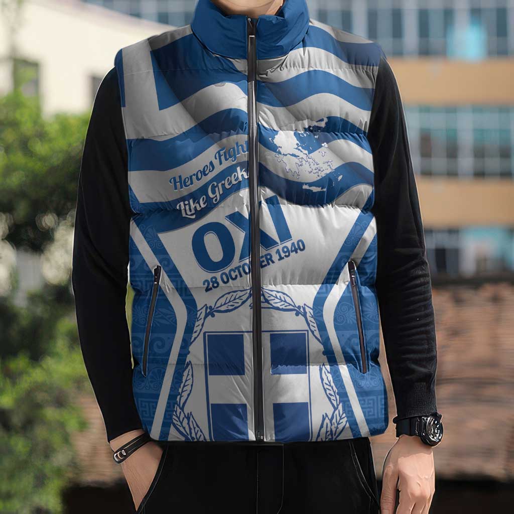 Greece Ohi Day Sleeveless Puffer Jacket Hellas Coat Of Arms Greek Pattern - Wonder Print Shop