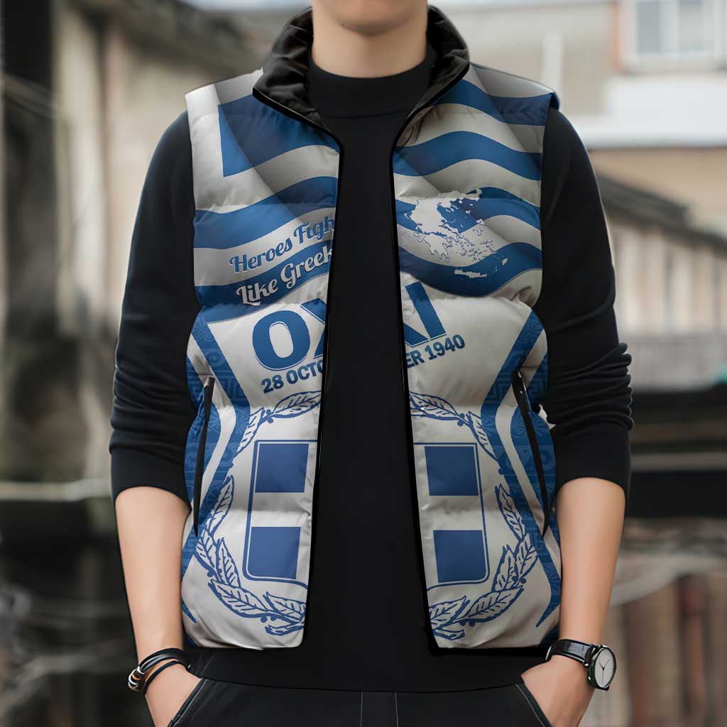 Greece Ohi Day Sleeveless Puffer Jacket Hellas Coat Of Arms Greek Pattern - Wonder Print Shop