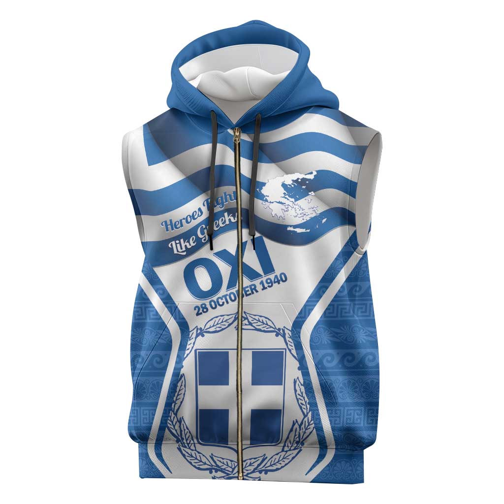 Greece Ohi Day Sleeveless Zip Hoodie Hellas Coat Of Arms Greek Pattern - Wonder Print Shop