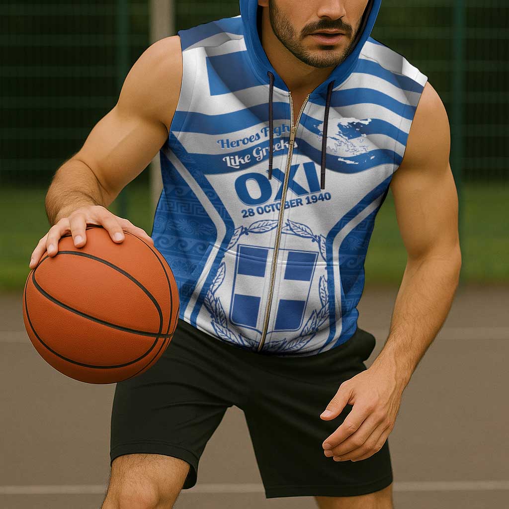 Greece Ohi Day Sleeveless Zip Hoodie Hellas Coat Of Arms Greek Pattern - Wonder Print Shop