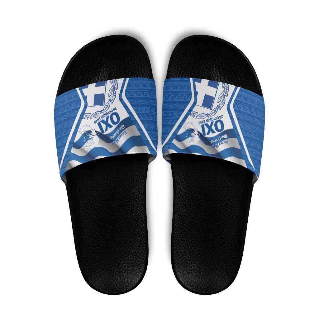 Greece Ohi Day Slide Sandals Hellas Coat Of Arms Greek Pattern - Wonder Print Shop