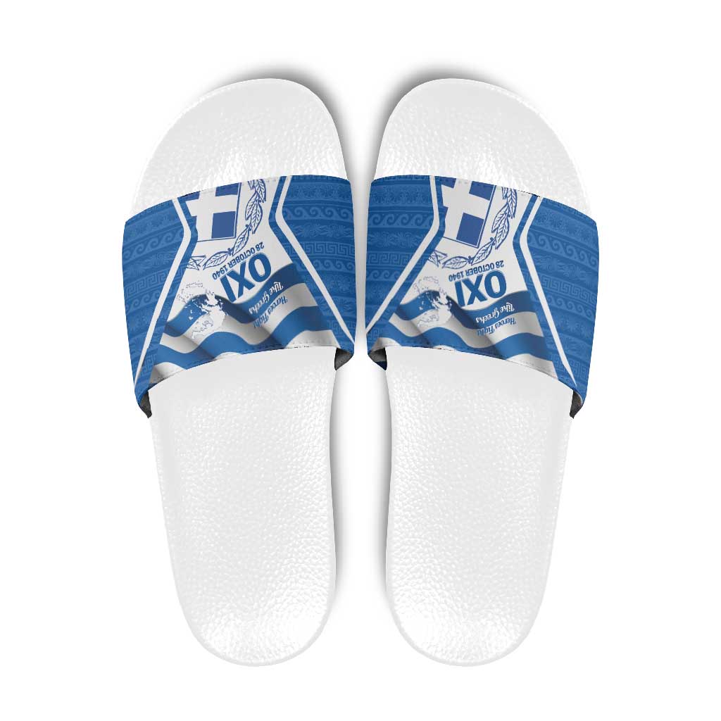 Greece Ohi Day Slide Sandals Hellas Coat Of Arms Greek Pattern - Wonder Print Shop