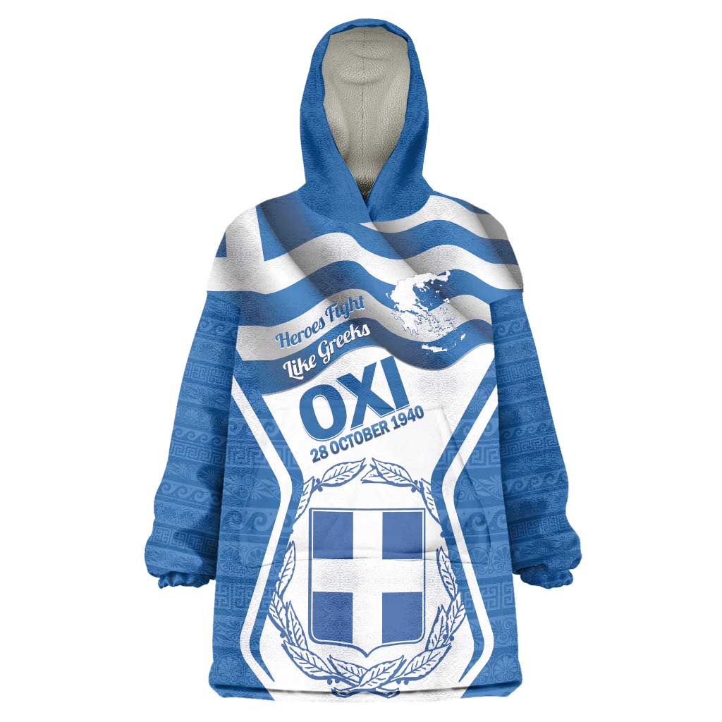 Greece Ohi Day Wearable Blanket Hoodie Hellas Coat Of Arms Greek Pattern - Wonder Print Shop