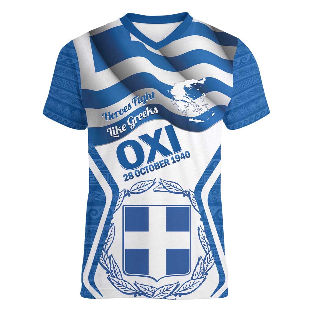 Greece Ohi Day Women V-Neck T-Shirt Hellas Coat Of Arms Greek Pattern - Wonder Print Shop