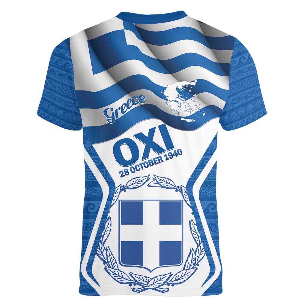 Greece Ohi Day Women V-Neck T-Shirt Hellas Coat Of Arms Greek Pattern - Wonder Print Shop