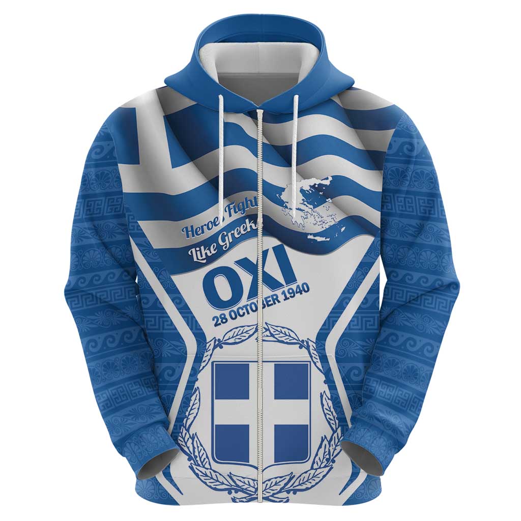 Greece Ohi Day Zip Hoodie Hellas Coat Of Arms Greek Pattern - Wonder Print Shop