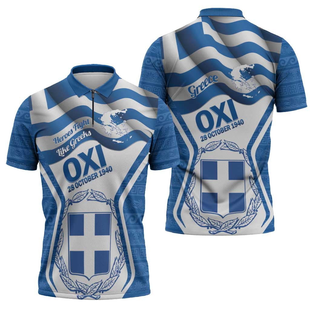Greece Ohi Day Zipper Polo Shirt Hellas Coat Of Arms Greek Pattern - Wonder Print Shop