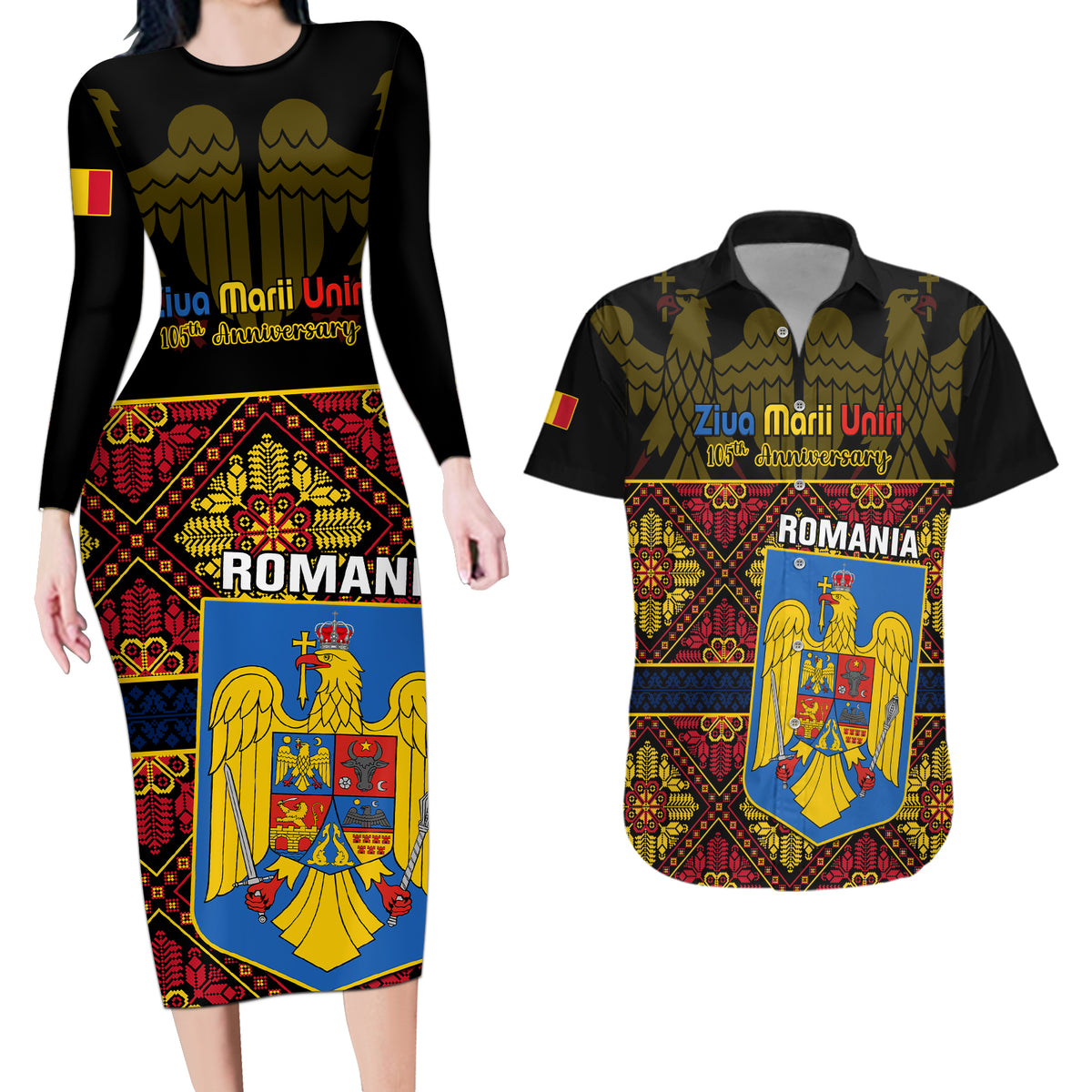 Personalised Romania Great Union Day Couples Matching Long Sleeve Bodycon Dress and Hawaiian Shirt Ziua Marii Uniri 105th Anniversary - Wonder Print Shop