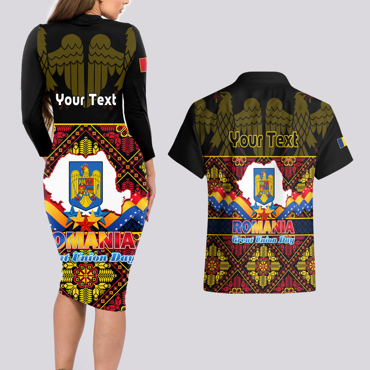 Personalised Romania Great Union Day Couples Matching Long Sleeve Bodycon Dress and Hawaiian Shirt Ziua Marii Uniri 105th Anniversary - Wonder Print Shop