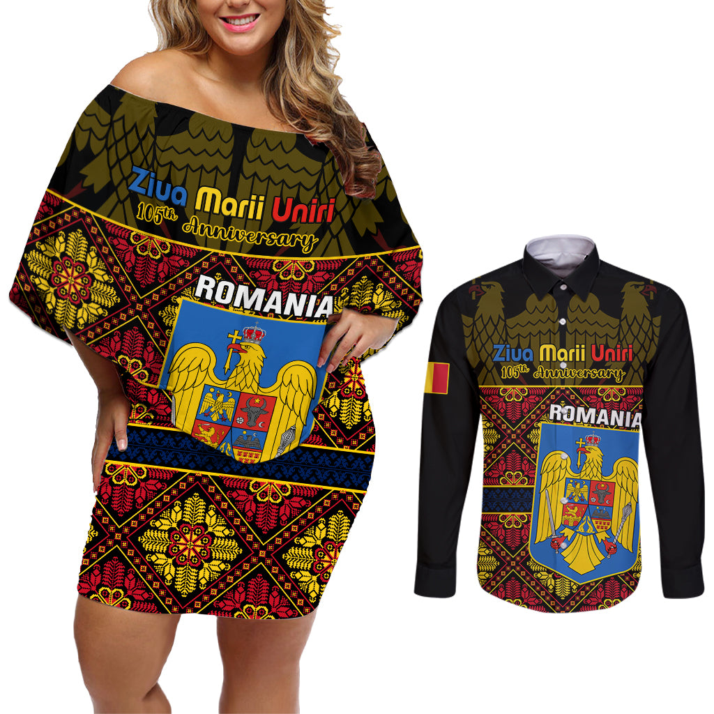 Personalised Romania Great Union Day Couples Matching Off Shoulder Short Dress and Long Sleeve Button Shirt Ziua Marii Uniri 105th Anniversary - Wonder Print Shop