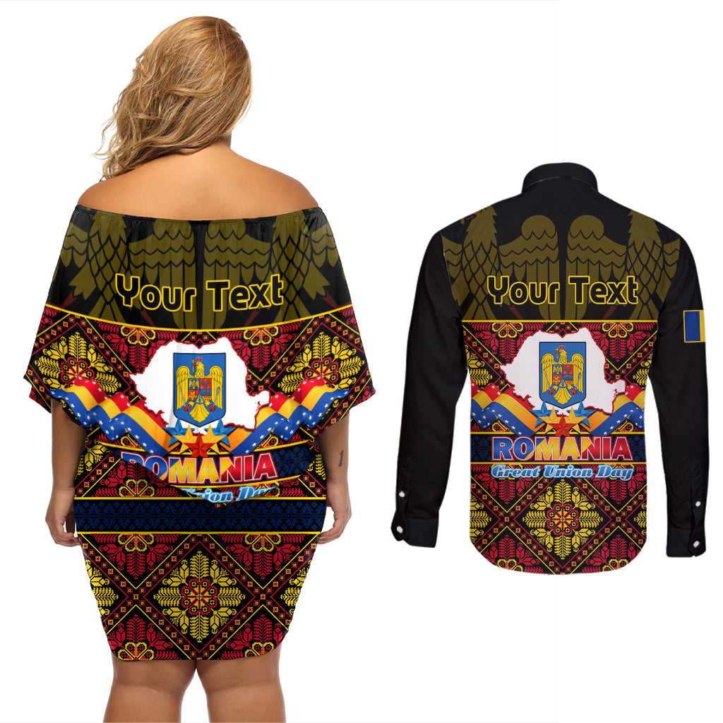 Personalised Romania Great Union Day Couples Matching Off Shoulder Short Dress and Long Sleeve Button Shirt Ziua Marii Uniri 105th Anniversary - Wonder Print Shop