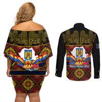 Personalised Romania Great Union Day Couples Matching Off Shoulder Short Dress and Long Sleeve Button Shirt Ziua Marii Uniri 105th Anniversary - Wonder Print Shop