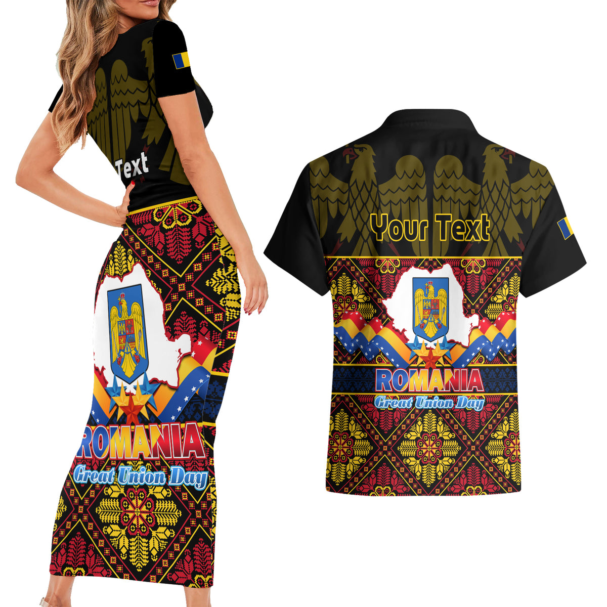 Personalised Romania Great Union Day Couples Matching Short Sleeve Bodycon Dress and Hawaiian Shirt Ziua Marii Uniri 105th Anniversary - Wonder Print Shop